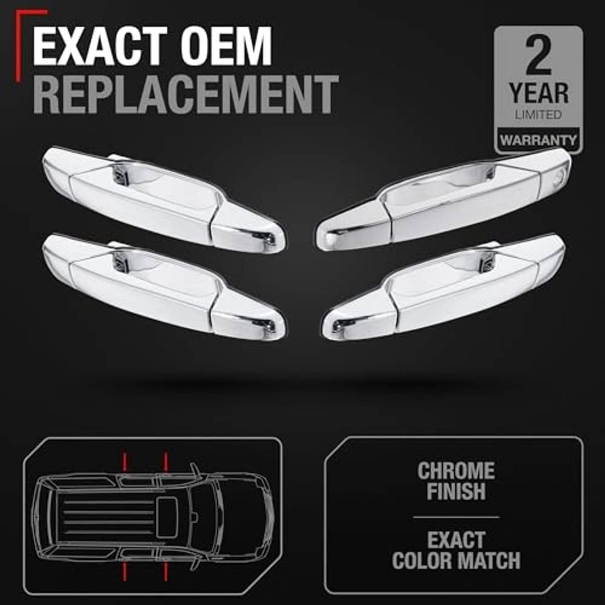 Chrome exterior door handles set, exact OEM replacement design, pairs shown