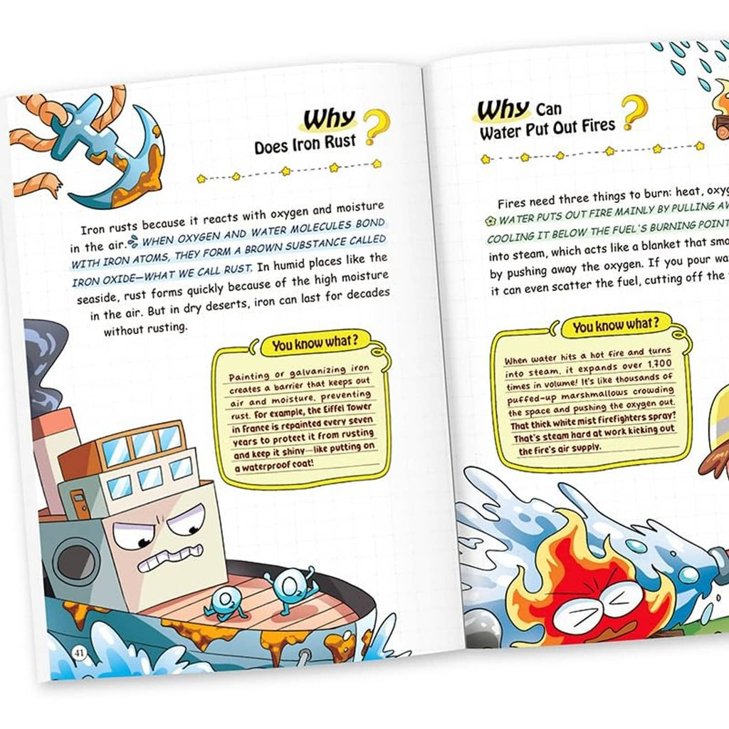 Kids science encyclopedia open spread with colorful illustrations and “Why” question headings