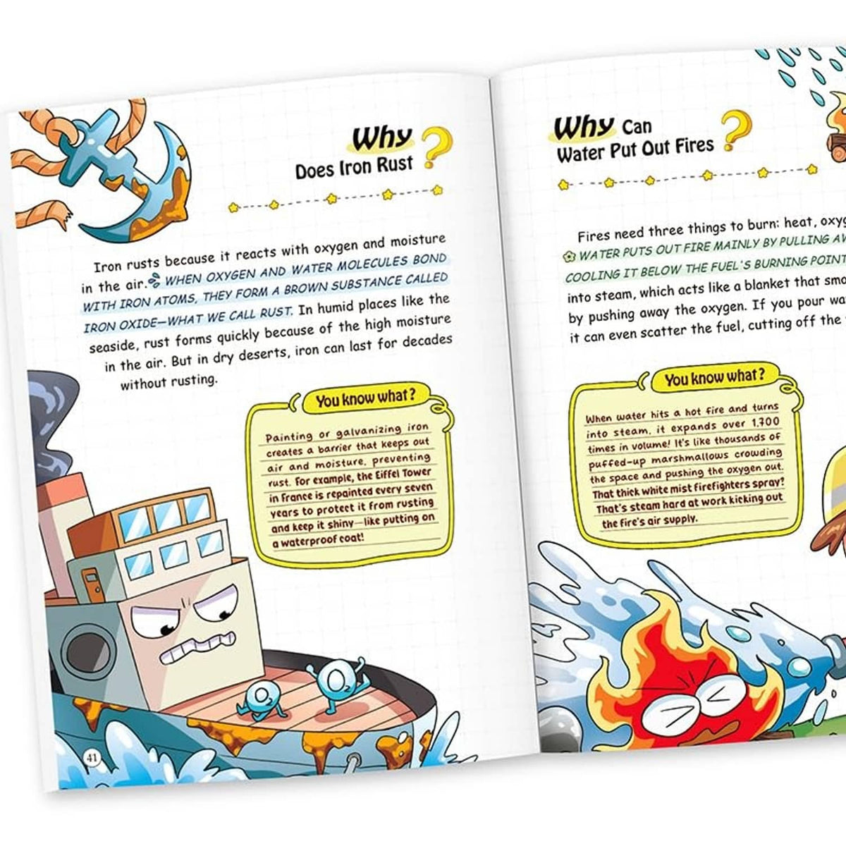 Kids science encyclopedia open spread with colorful illustrations and “Why” question headings