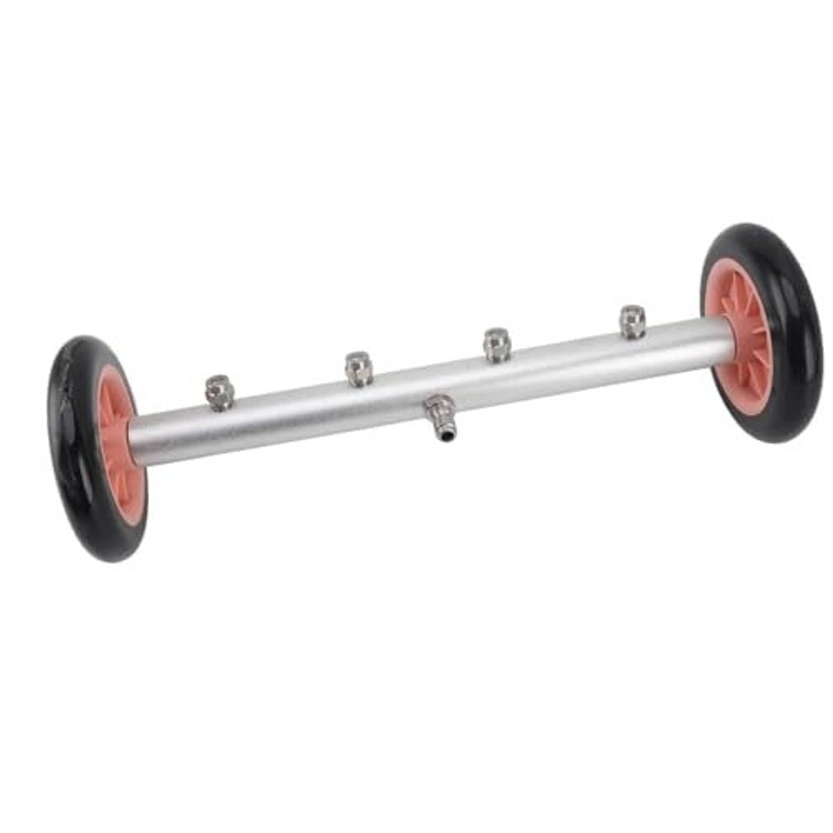 Undercarriage pressure washer attachment with silver tube and four metal nozzle ports