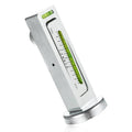 White adjustable magnetic camber gauge tool with green spirit level and measurement scale