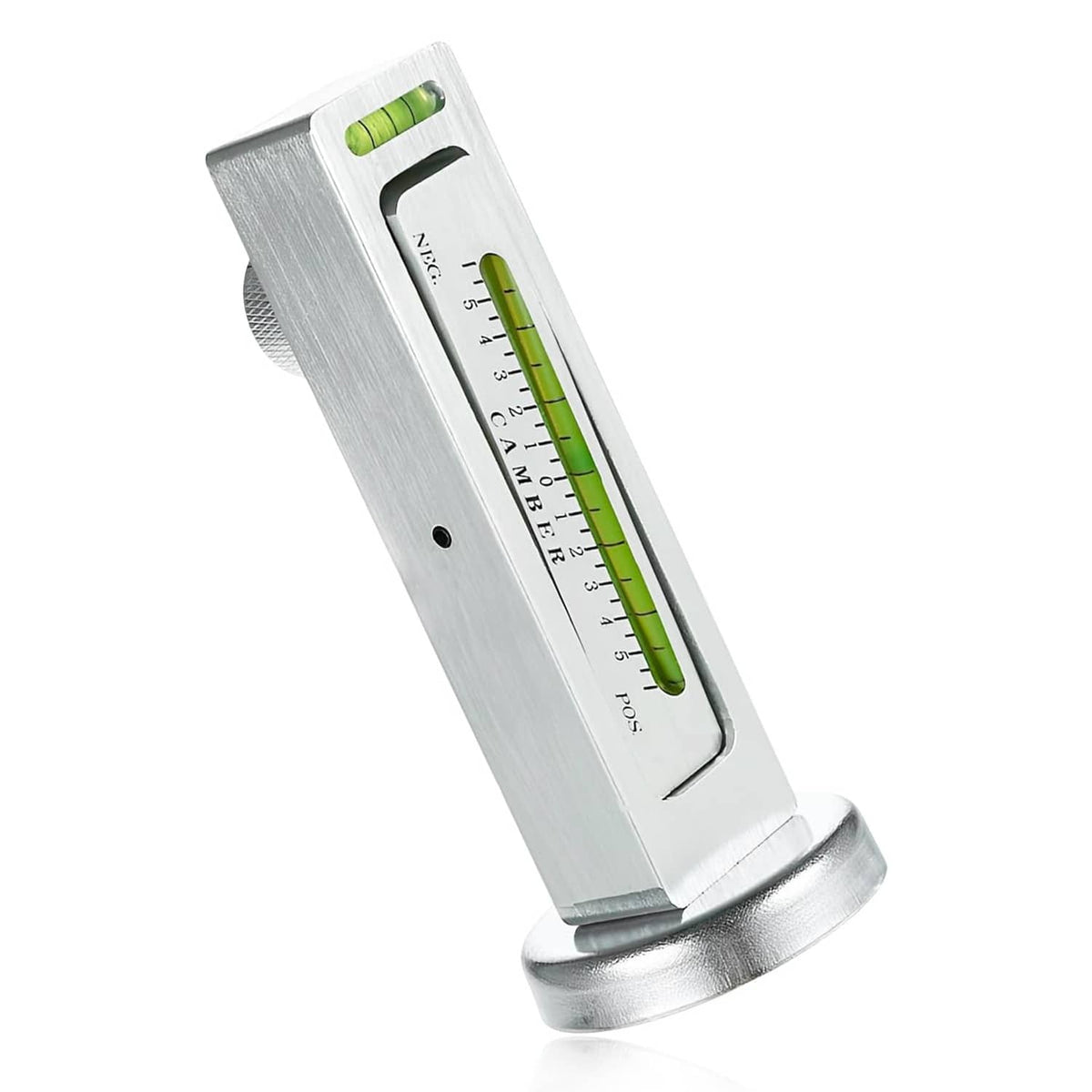 White adjustable magnetic camber gauge tool with green spirit level and measurement scale