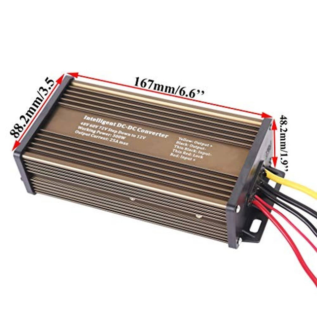 DC step-down converter with size markings 167mm x 80.3mm and red/yellow/black wire leads