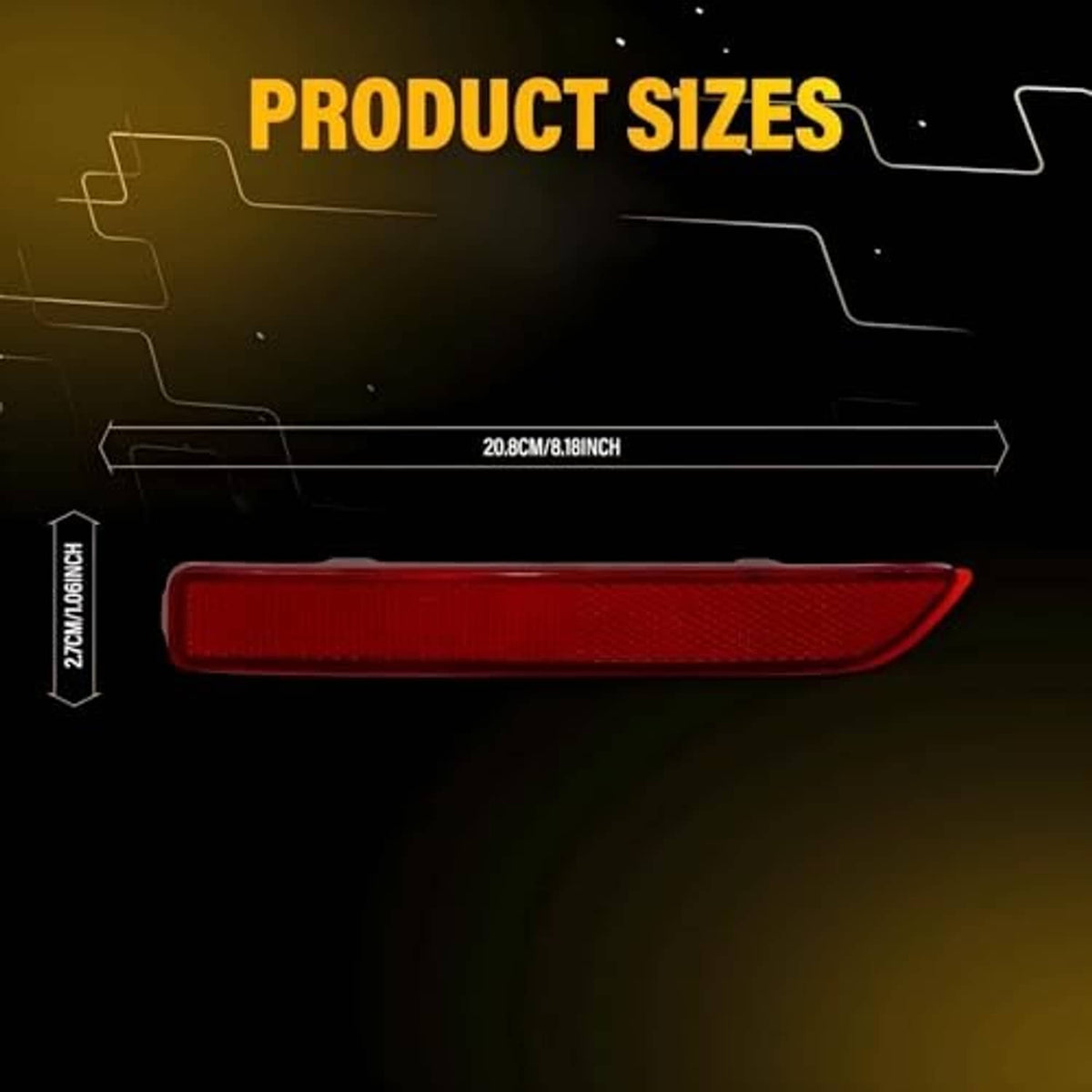 Red rear bumper reflector lens with product size outline