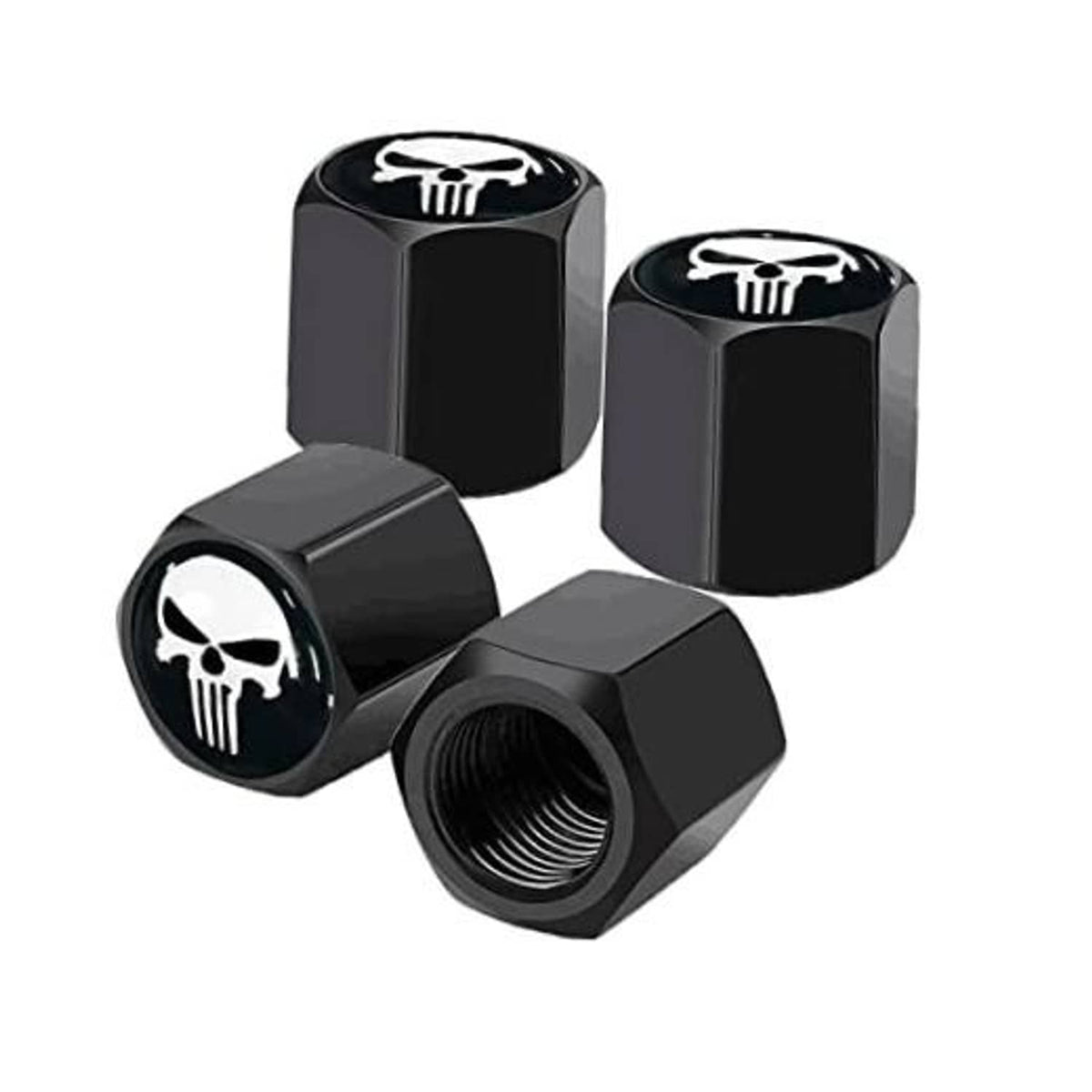 4-pack skull tire valve stem caps, black hex caps with white skull logo