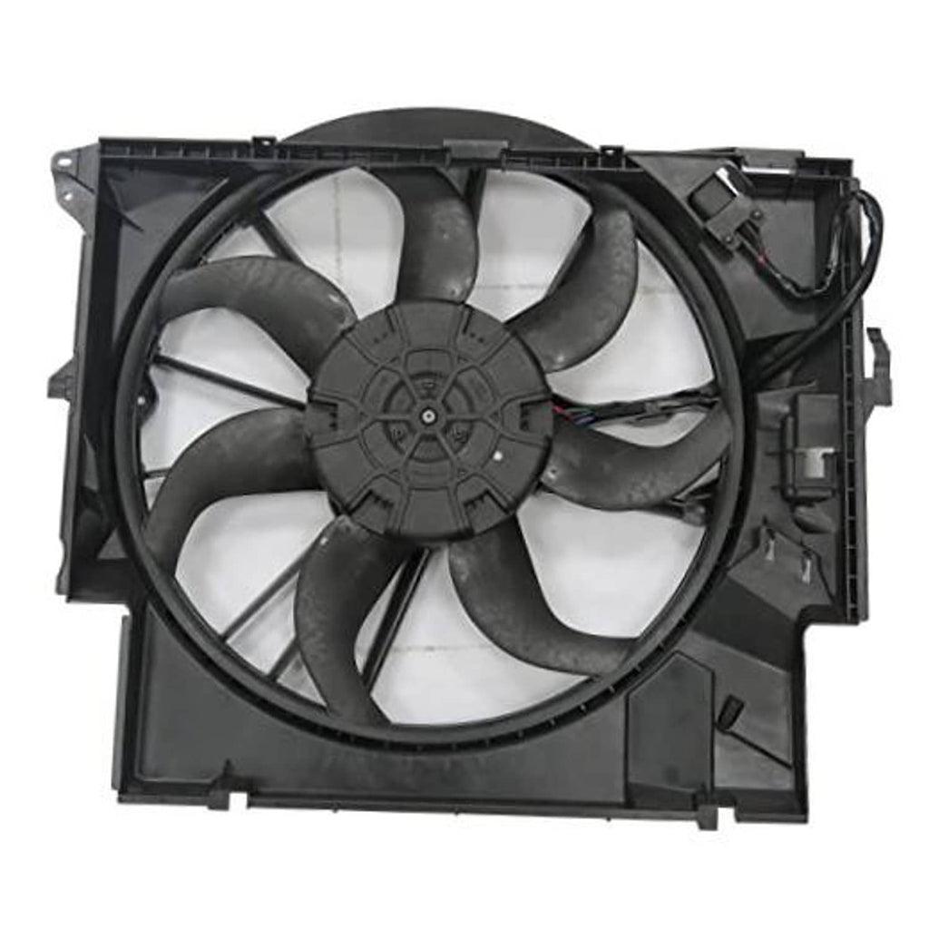 Black cooling fan assembly with multi-blade fan and mounting shroud