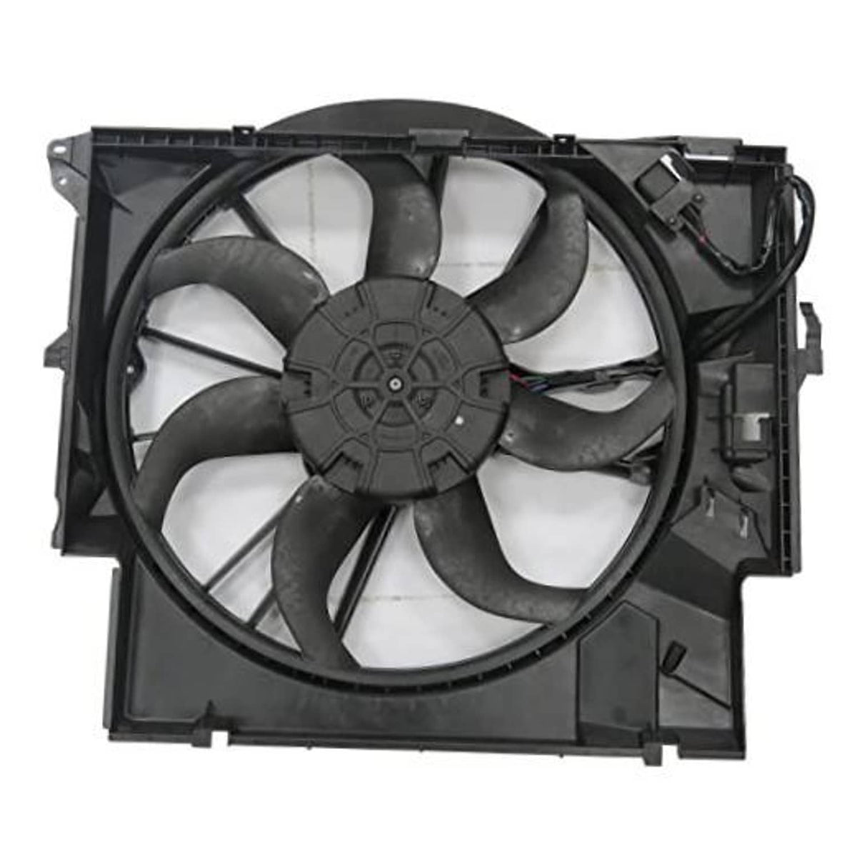 Black cooling fan assembly with multi-blade fan and mounting shroud