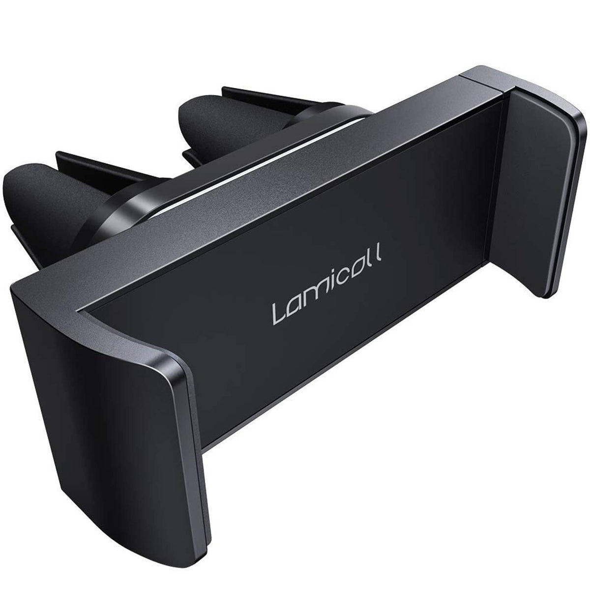 Black car vent phone mount with spring air clips for compact phone holding