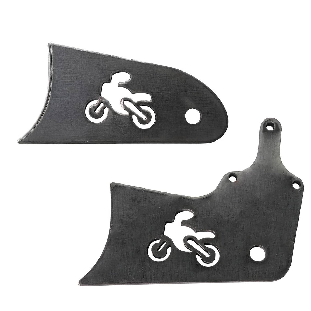 Set of two black metal extension tabs with bicycle icon cutout and mounting holes