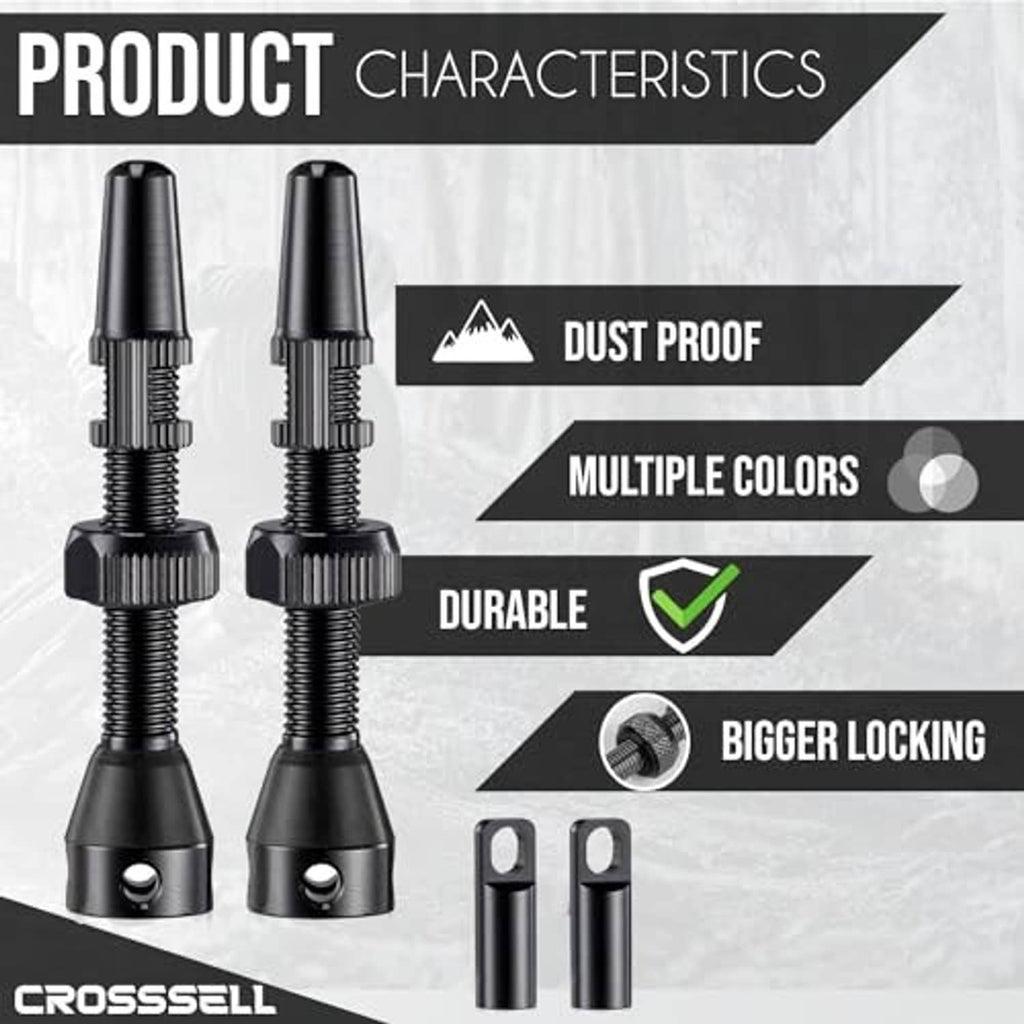 Pair of black MTB tubeless Presta valve stems with spring threads and caps