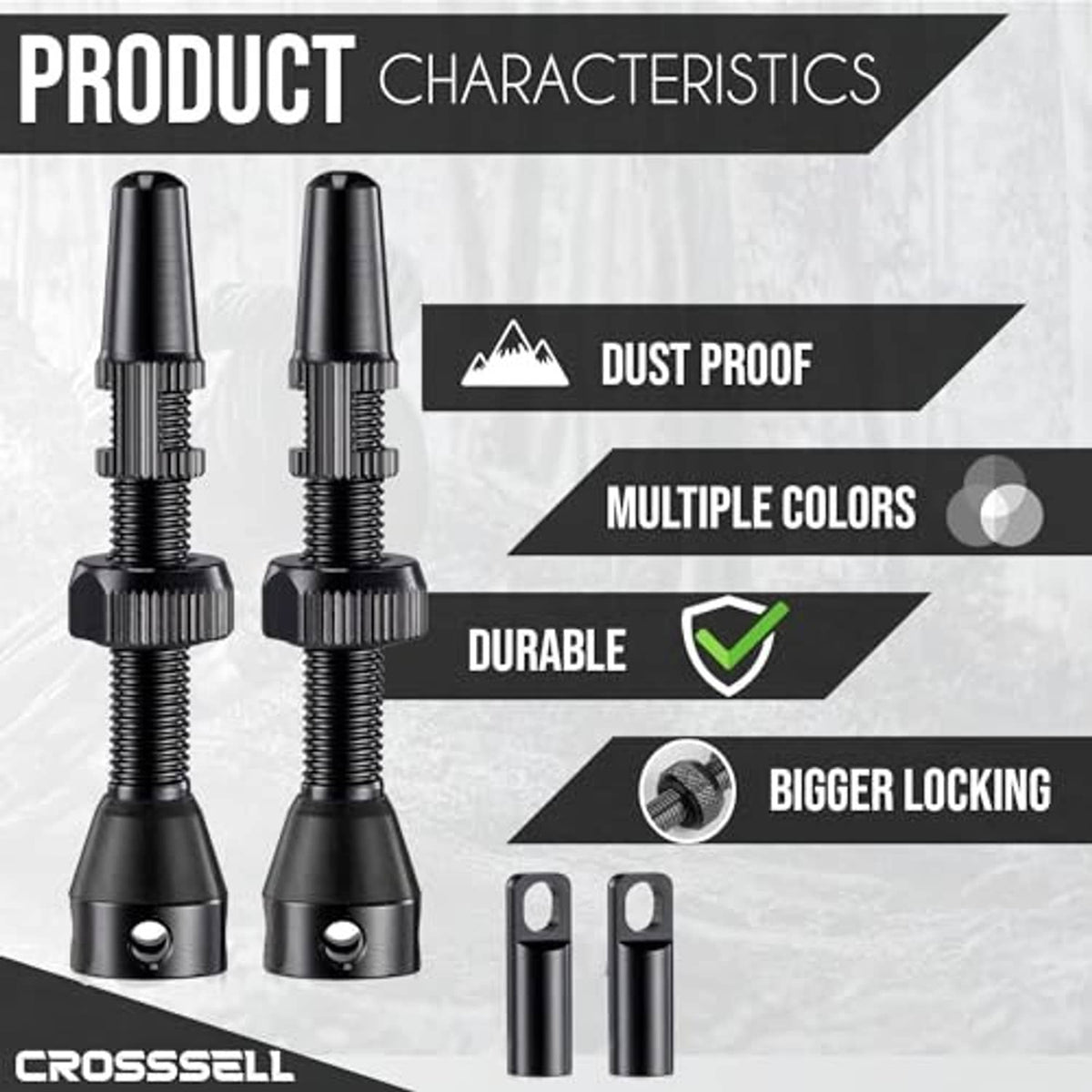 Pair of black MTB tubeless Presta valve stems with spring threads and caps