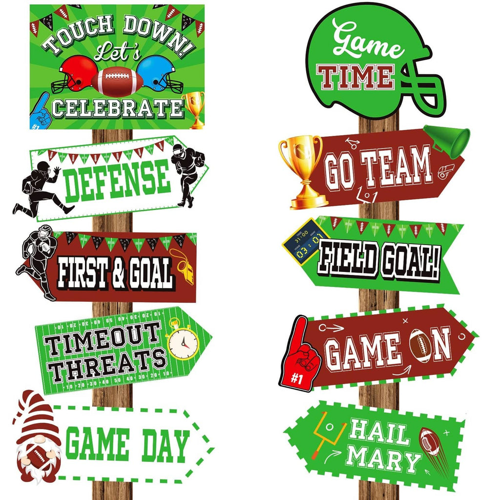 Soccer-themed party pennant sign assortment with football and game slogan designs