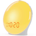 Yellow sunrise alarm clock with front time display and gray base