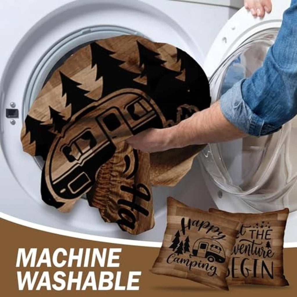 Brown RV dinette cushion cover set for machine wash; camping print shown in a washer