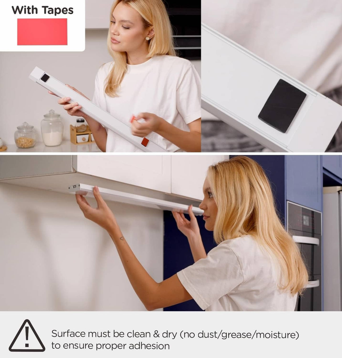 White under-cabinet LED light bar with adhesive tapes for easy mounting