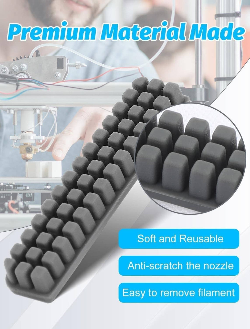 Dark gray silicone nozzle brush with dense raised bristles and close-up tip detail