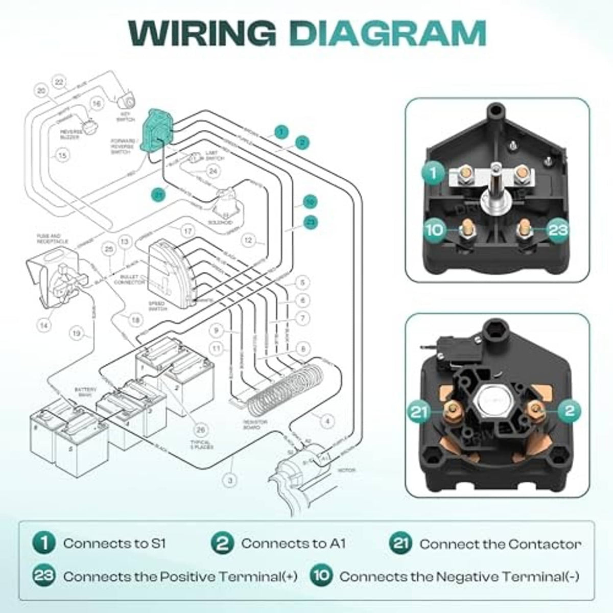 Forward-reverse switch with wiring diagram and terminal connections in inset view