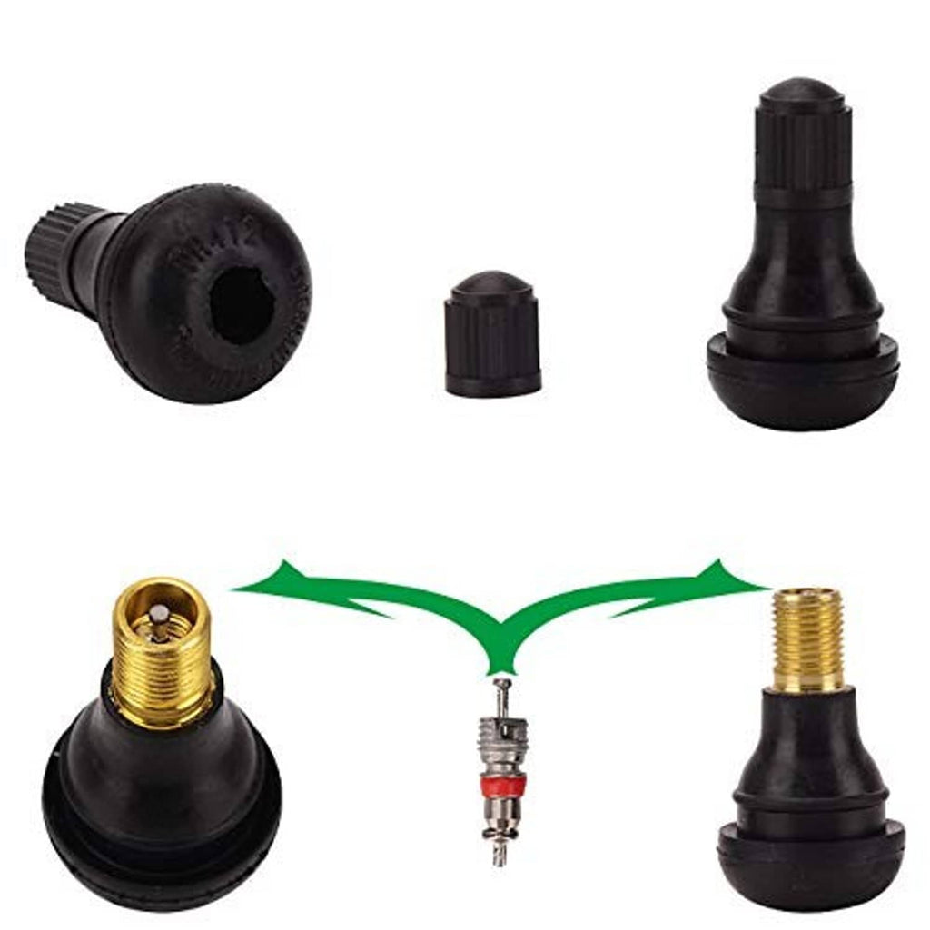 Tire valve stem rubber caps and brass valve cores with installation parts