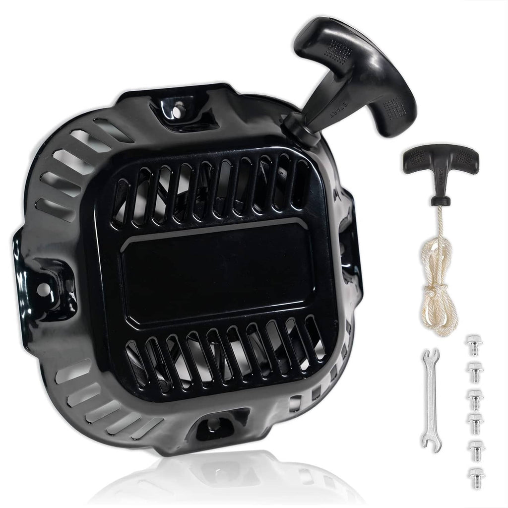 Black pull recoil starter assembly with handle and rope, plus mounting hardware kit