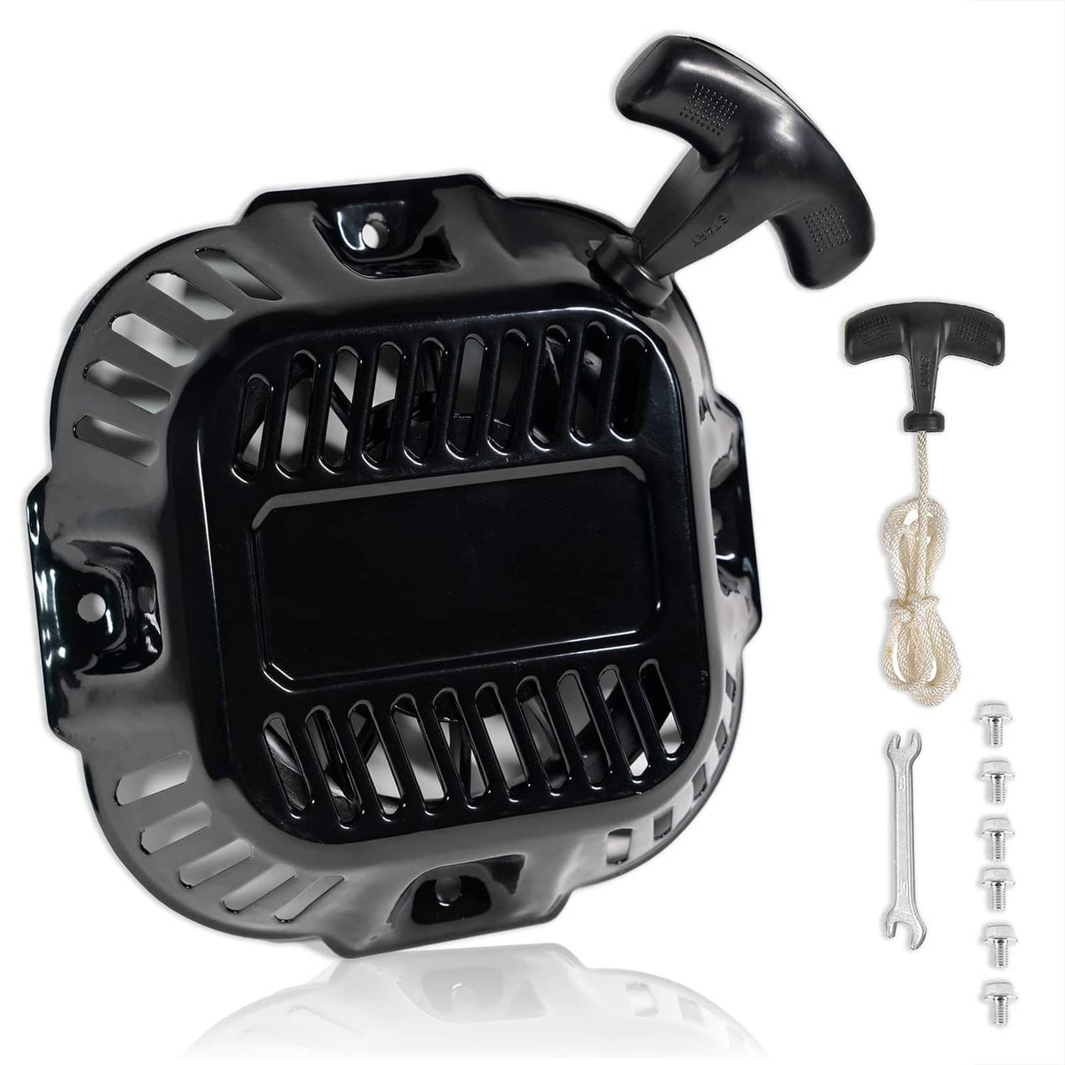Black pull recoil starter assembly with handle and rope, plus mounting hardware kit