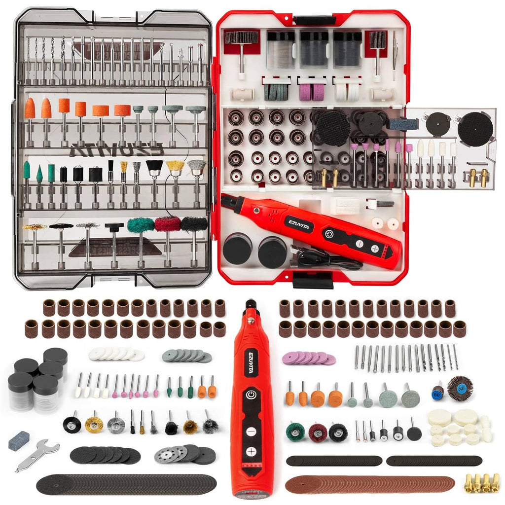 Red cordless mini rotary tool kit with 446 assorted bits, collets, and accessories
