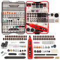 Red cordless mini rotary tool kit with 446 assorted bits, collets, and accessories