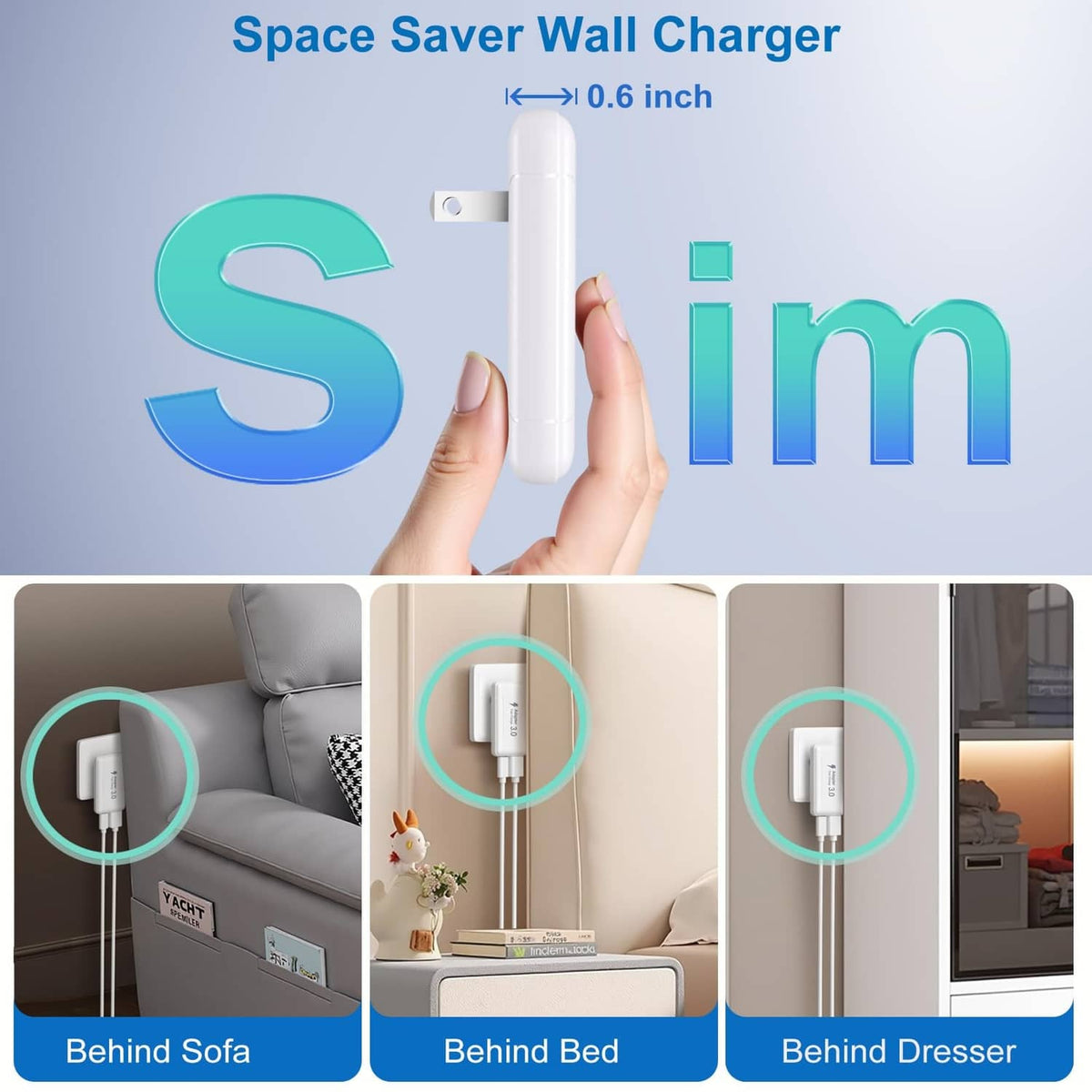 White slim USB-C wall charger with foldable plug, shown in use.