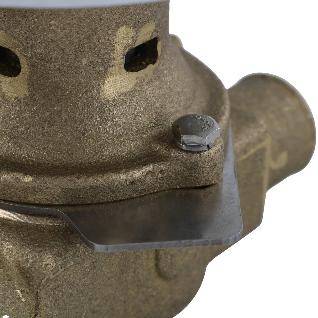 Raw water pump close-up of side housing with cap screw and metal inlet tube