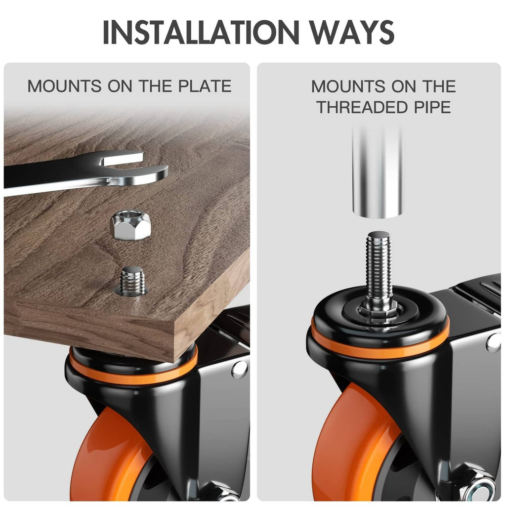 Black threaded stem caster wheel with orange wheel, shown mounted on plate or threaded pipe