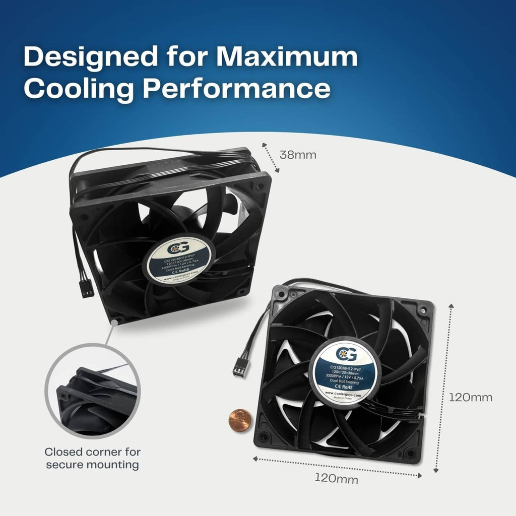 Dual black square cooling fans, 120mm size with 38mm fan depth shown