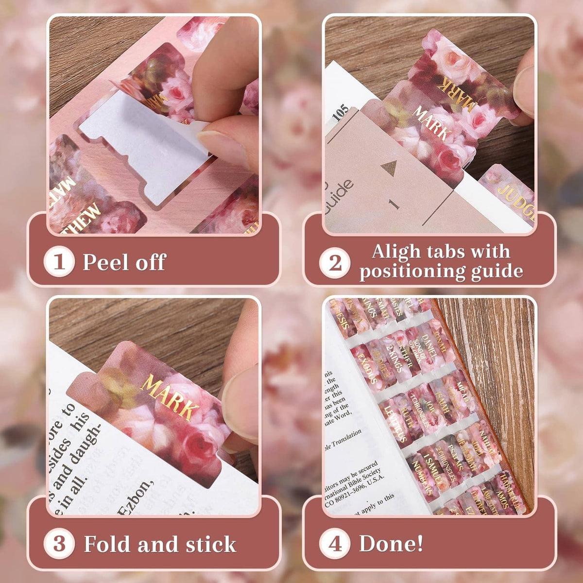 Peel-and-stick Bible tab set: hand peels a pink rose floral tab from backing.
