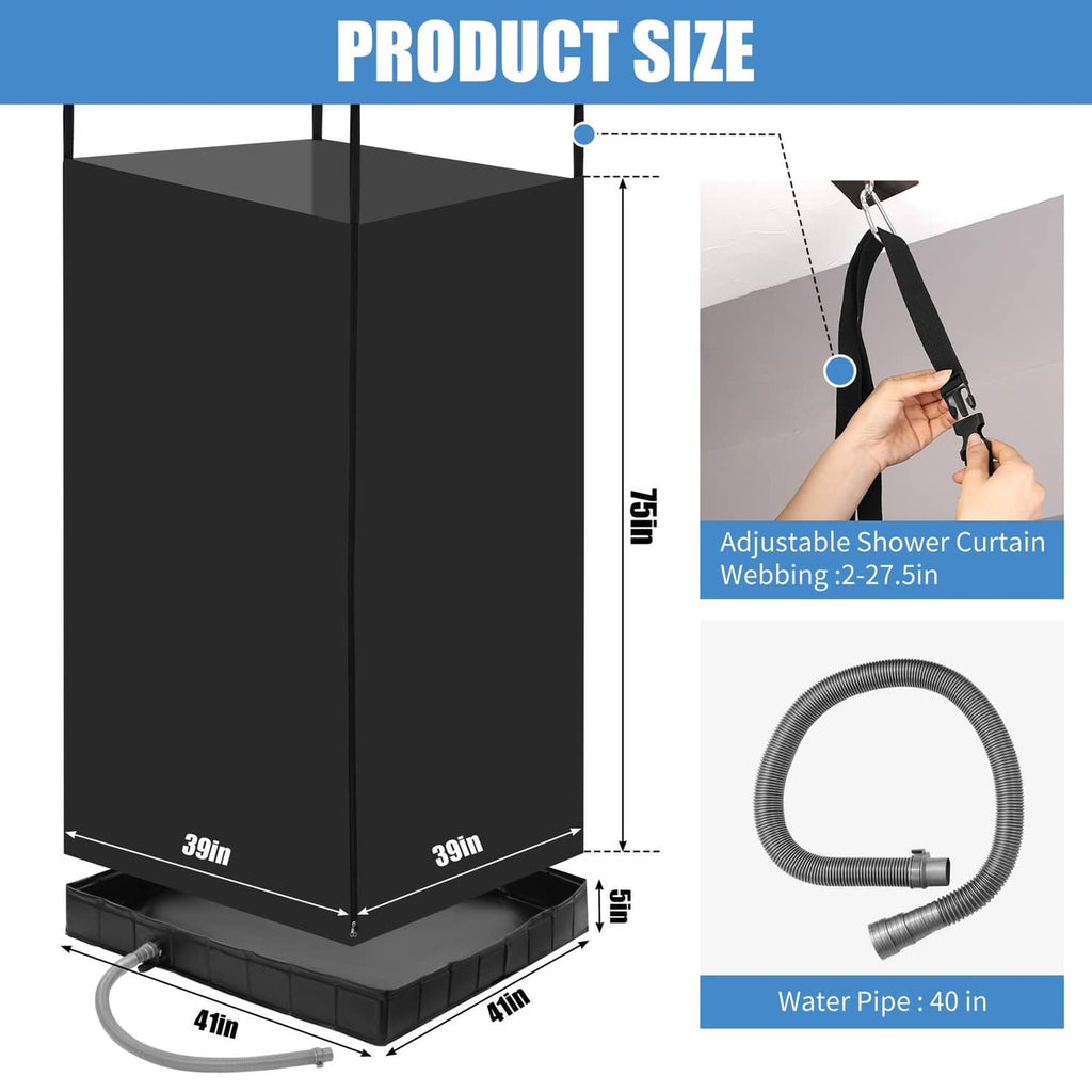 Black portable shower privacy tent with foldable base and flexible water pipe
