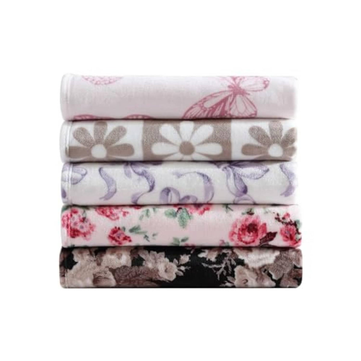 Stack of folded blankets in pink, gray, purple, and floral prints