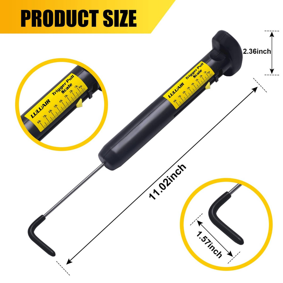 Black pull scale with yellow markings, inch scale rod, and curved base hook