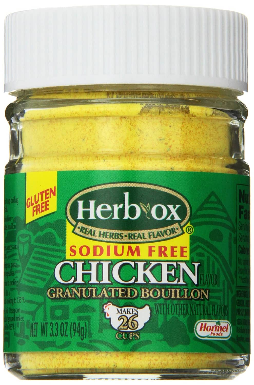 Herbox sodium-free chicken granulated bouillon jar with green front label