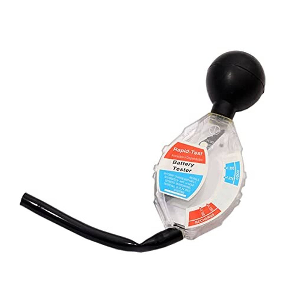 Battery hydrometer tester with black hose, clear gauge face, and black bulb handle