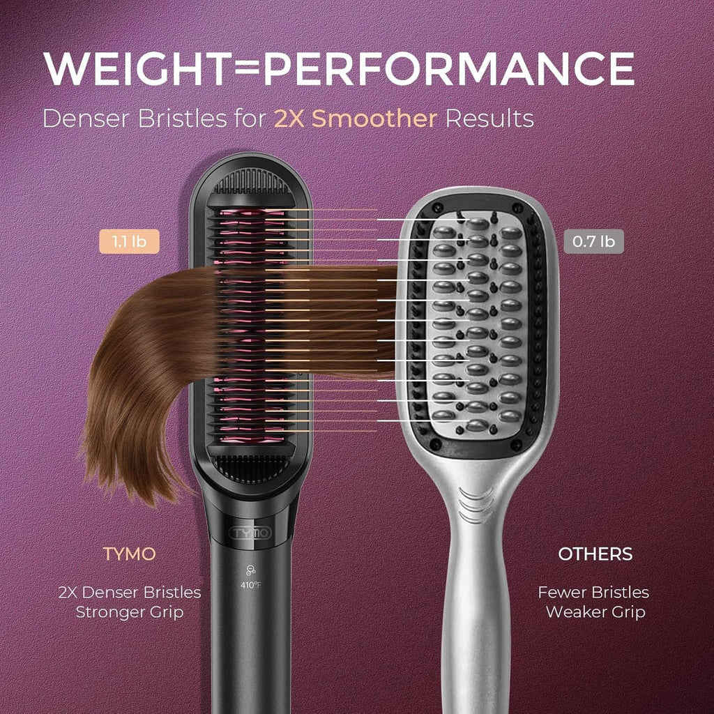 Hair straightener brush with dense bristles and grip, shown beside comparison head