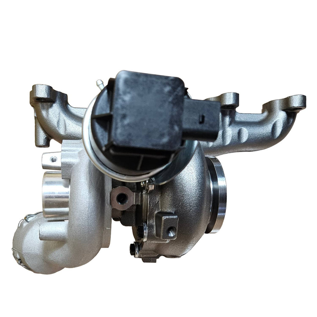 Turbocharger with black cover, intake and turbine housing close-up