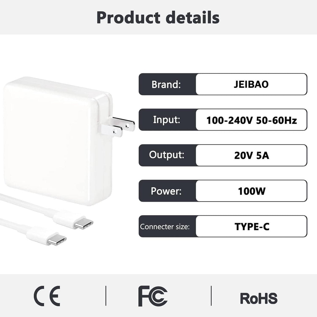 JEIBAO 100W USB-C charger shows 100-240V input and 20V 5A output