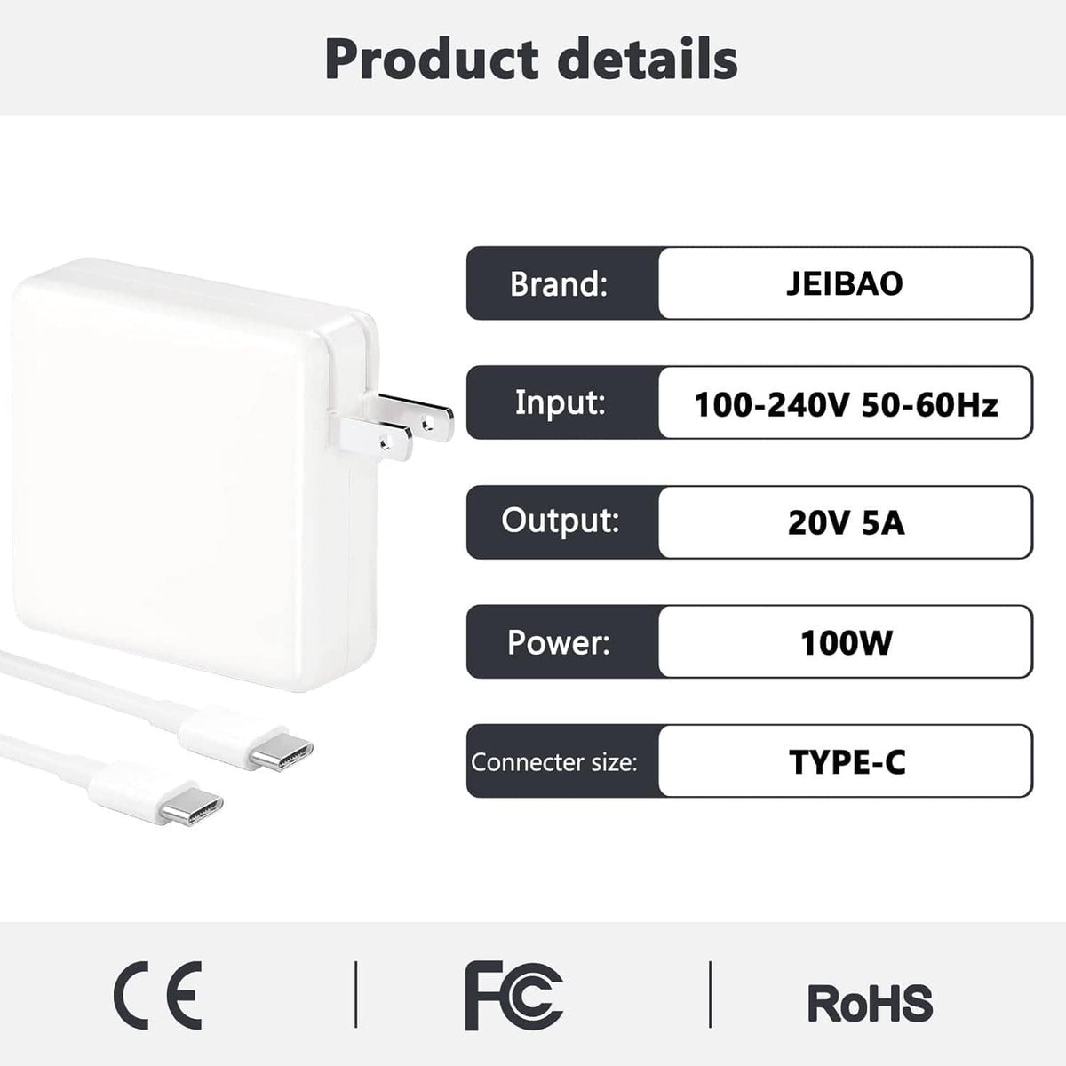 JEIBAO 100W USB-C charger shows 100-240V input and 20V 5A output