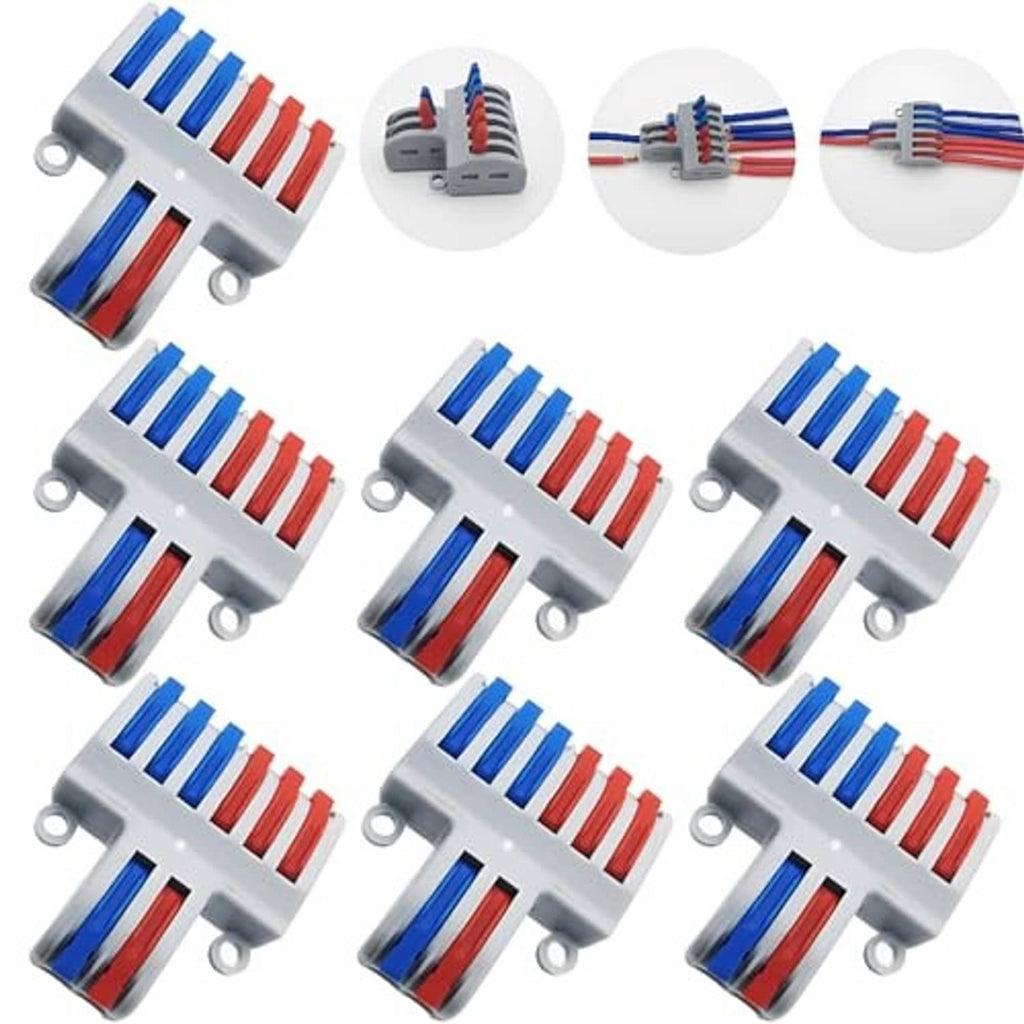 Set of compact wire lever nut connectors with gray base and blue/red terminal bars