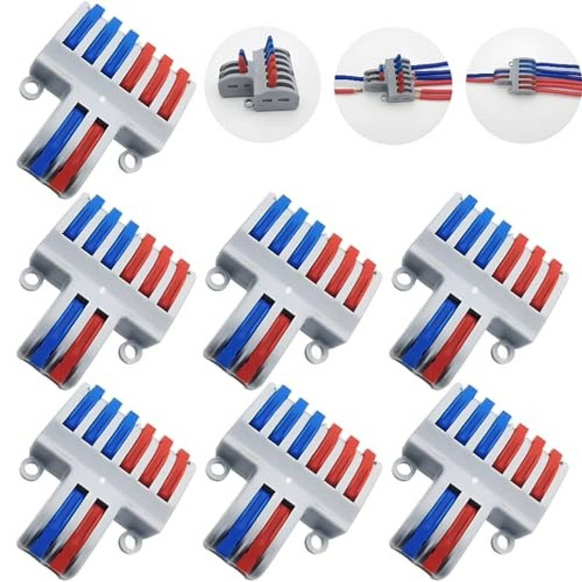 Set of compact wire lever nut connectors with gray base and blue/red terminal bars