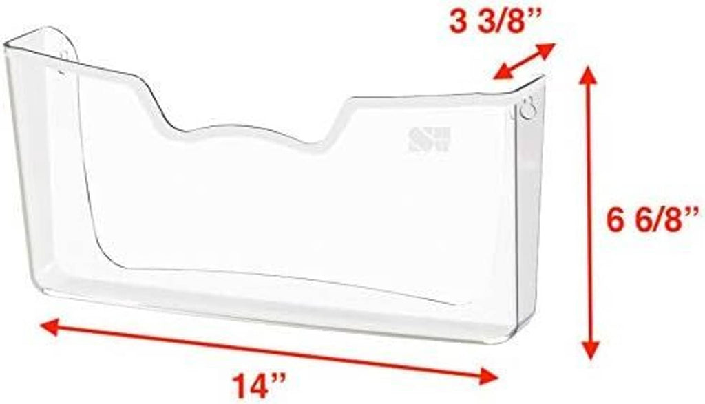 Clear wall-mount document holder size: 14 in W, 6 6/8 in H, 3 8 in D