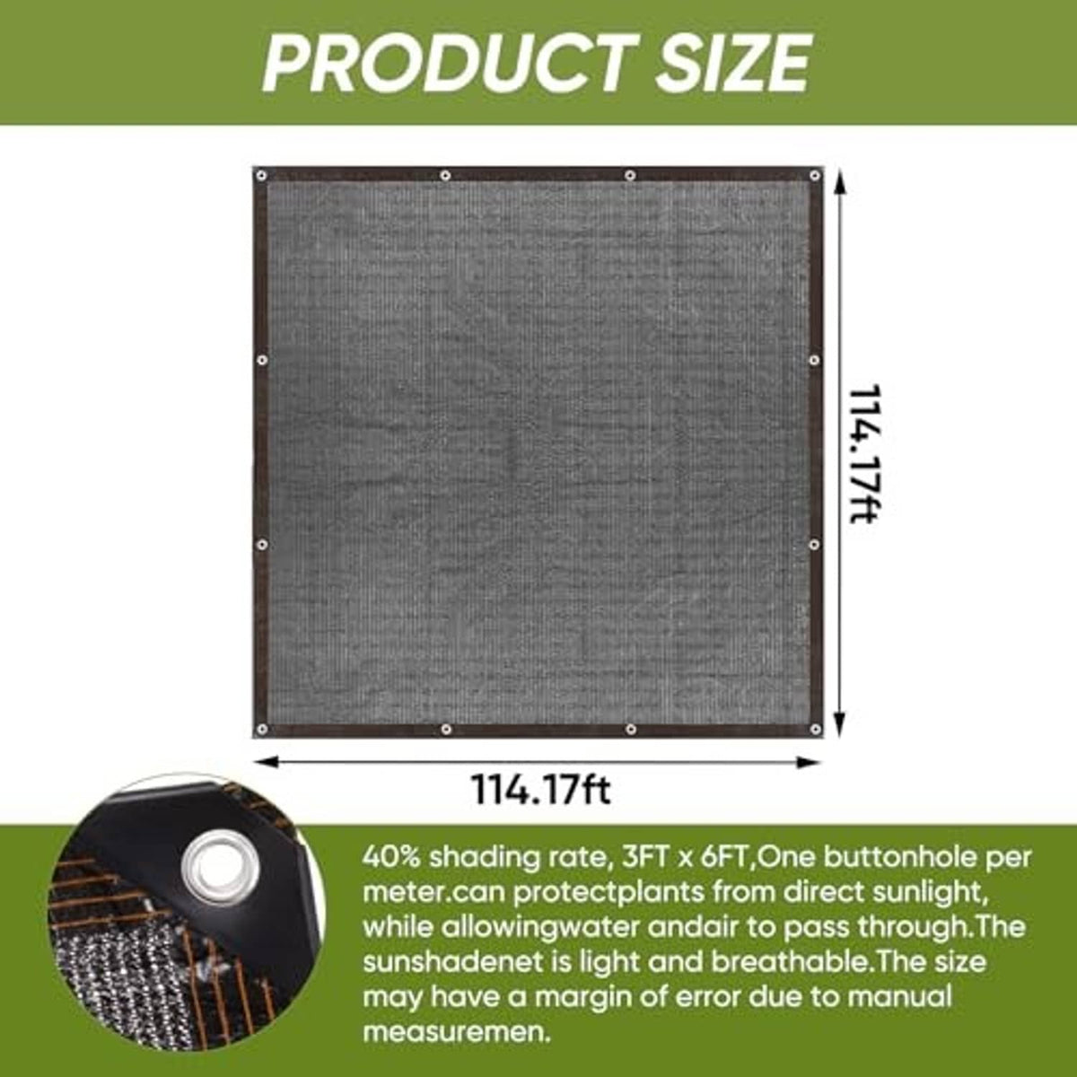 Square gray shade net panel with brown border and metal grommets