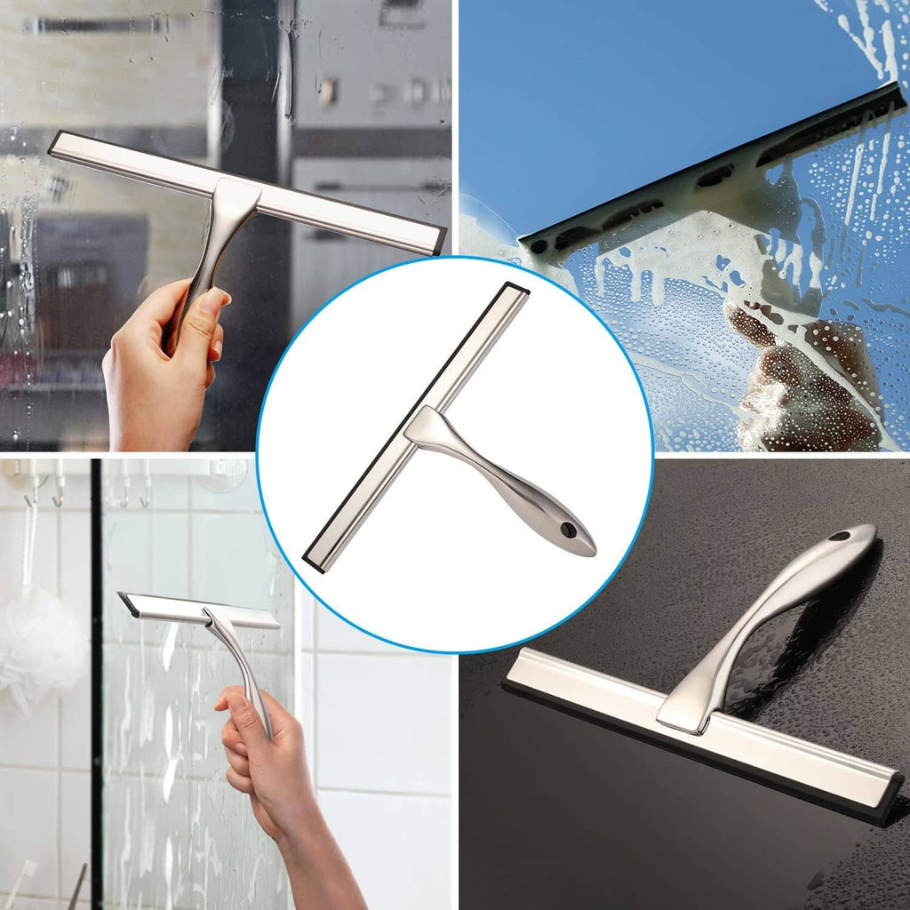 Compact squeegee with silver frame and black rubber blade for shower or car glass