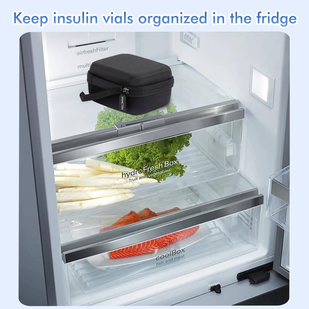 Black zippered insulin vial case placed inside a refrigerator shelf