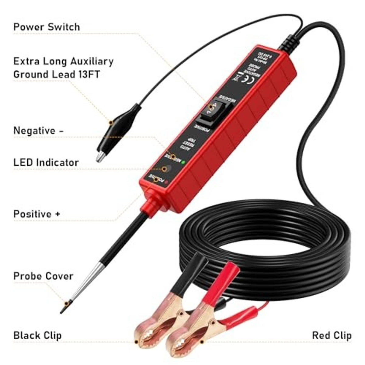 Red circuit probe tester with black covered probes, and two insulated alligator clips