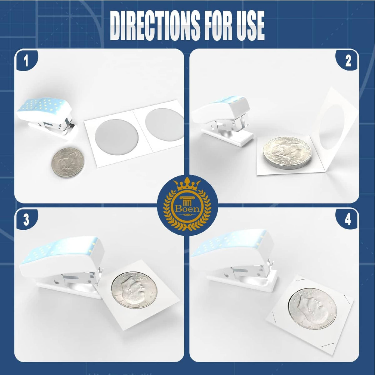 Coin flip directions panel showing coin inserted into a white holder with oval opening