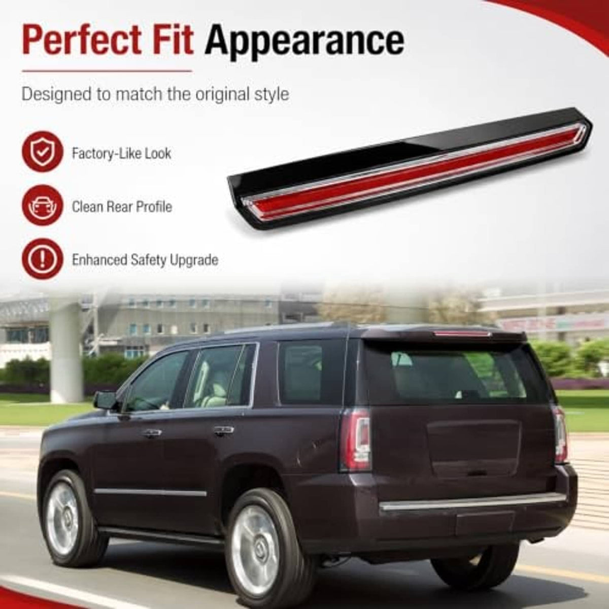 Rear center LED brake light bar with red strip in black housing on SUV