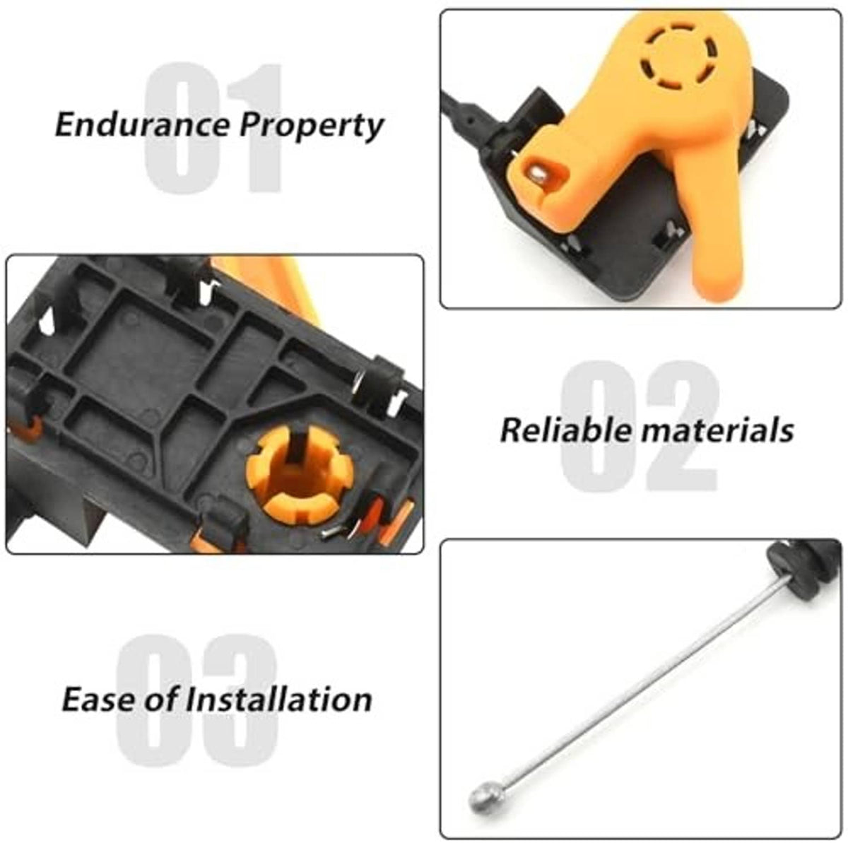 Engine hood release cable with orange pull lever and black housing, metal rod end